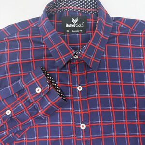 Buttercloth Mens XL Regular Fit Navy Blue Red Windowpane Button Down Shirt‎